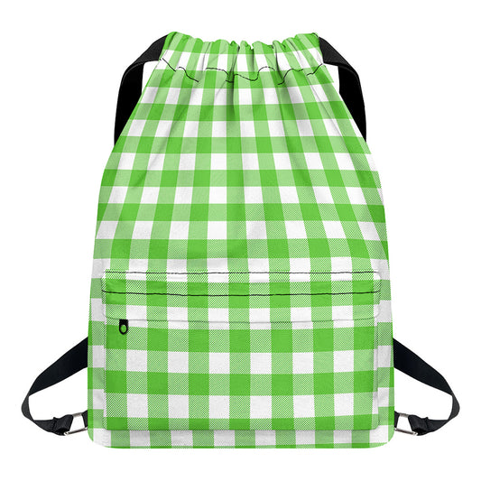 UFO Green And White Buffalo Check Print Drawstring Backpack