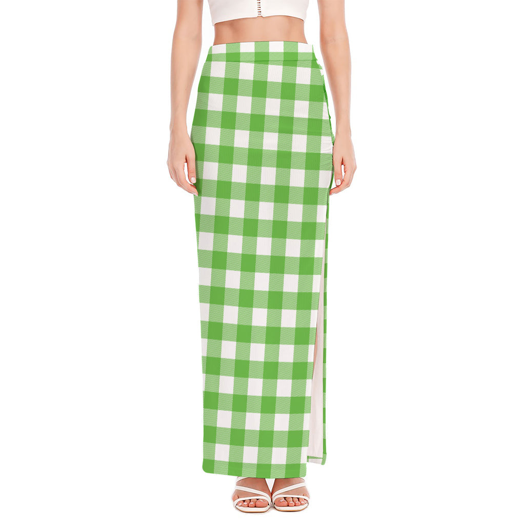 UFO Green And White Buffalo Check Print High Slit Maxi Skirt