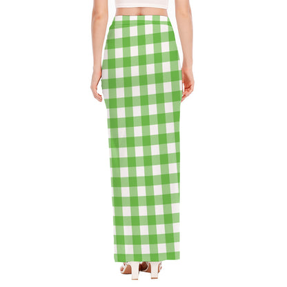 UFO Green And White Buffalo Check Print High Slit Maxi Skirt