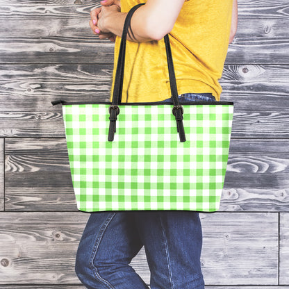 UFO Green And White Buffalo Check Print Leather Tote Bag