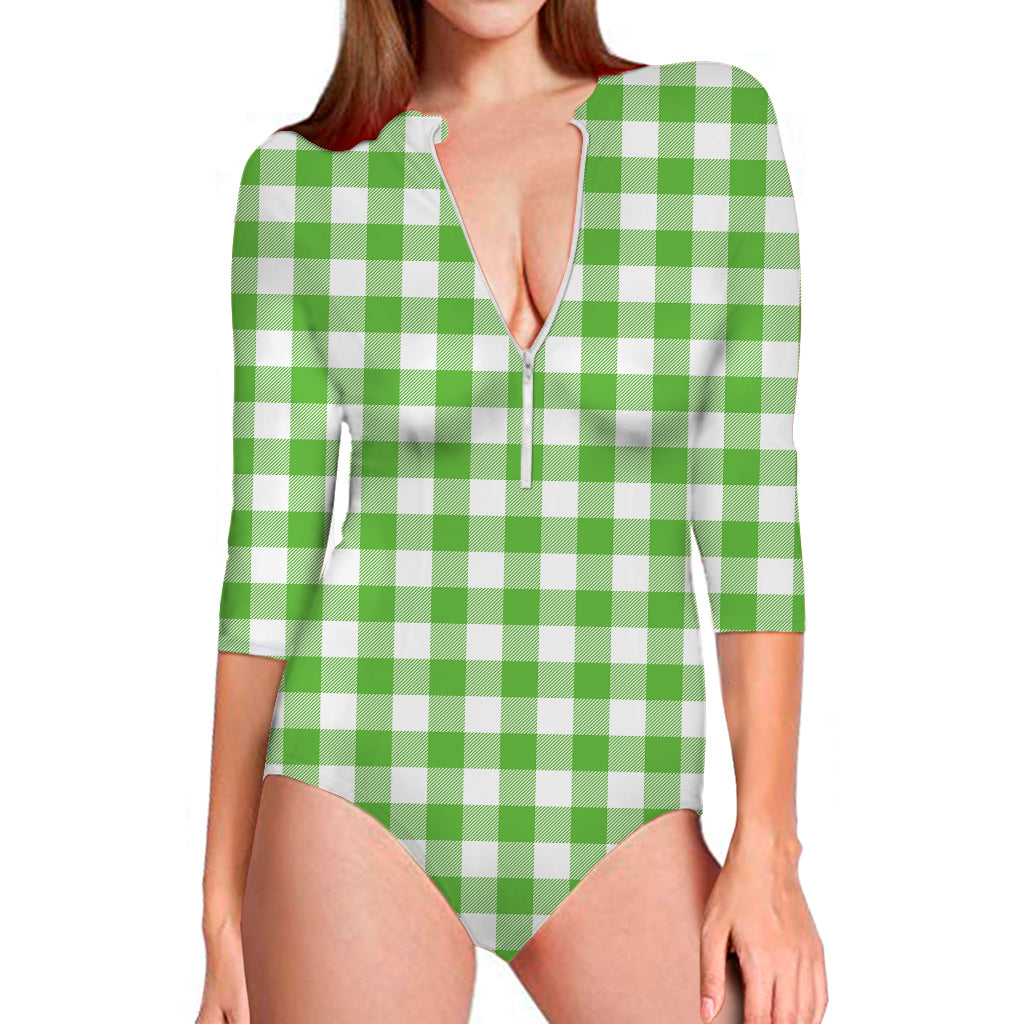 UFO Green And White Buffalo Check Print Long Sleeve Swimsuit