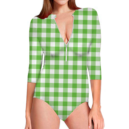 UFO Green And White Buffalo Check Print Long Sleeve Swimsuit