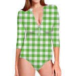 UFO Green And White Buffalo Check Print Long Sleeve Swimsuit