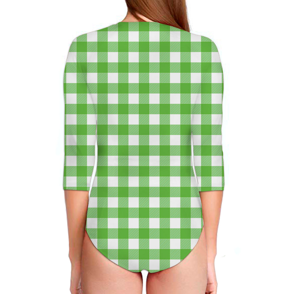 UFO Green And White Buffalo Check Print Long Sleeve Swimsuit