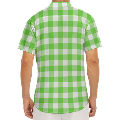 UFO Green And White Buffalo Check Print Men's Deep V-Neck Shirt