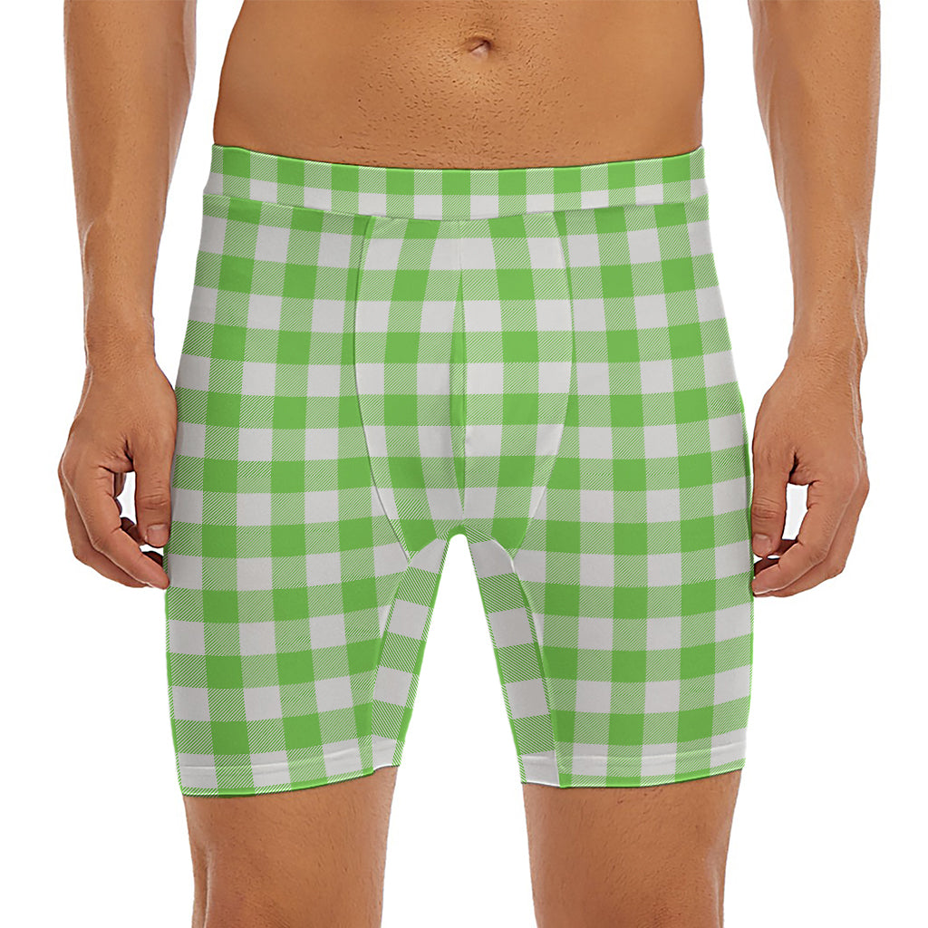 UFO Green And White Buffalo Check Print Men's Long Boxer Briefs