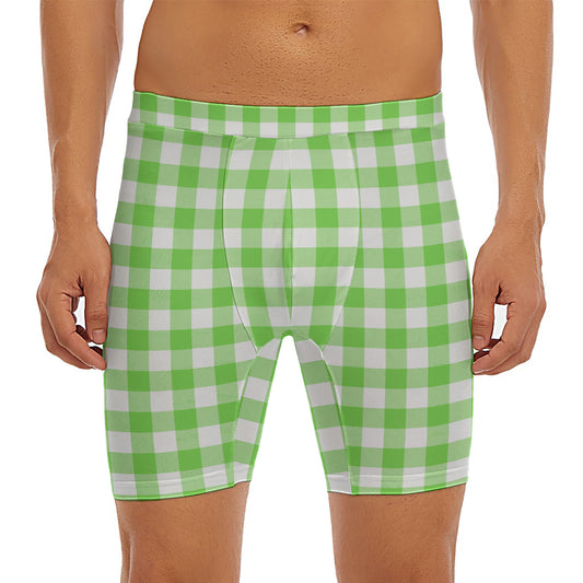 UFO Green And White Buffalo Check Print Men's Long Boxer Briefs