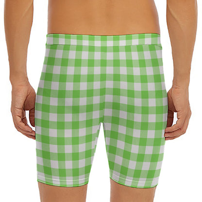 UFO Green And White Buffalo Check Print Men's Long Boxer Briefs