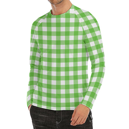 UFO Green And White Buffalo Check Print Men's Long Sleeve Rash Guard
