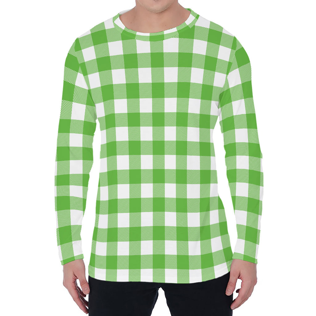 UFO Green And White Buffalo Check Print Men's Long Sleeve T-Shirt