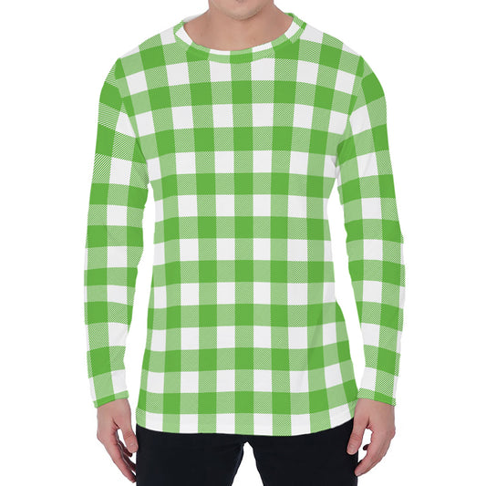 UFO Green And White Buffalo Check Print Men's Long Sleeve T-Shirt