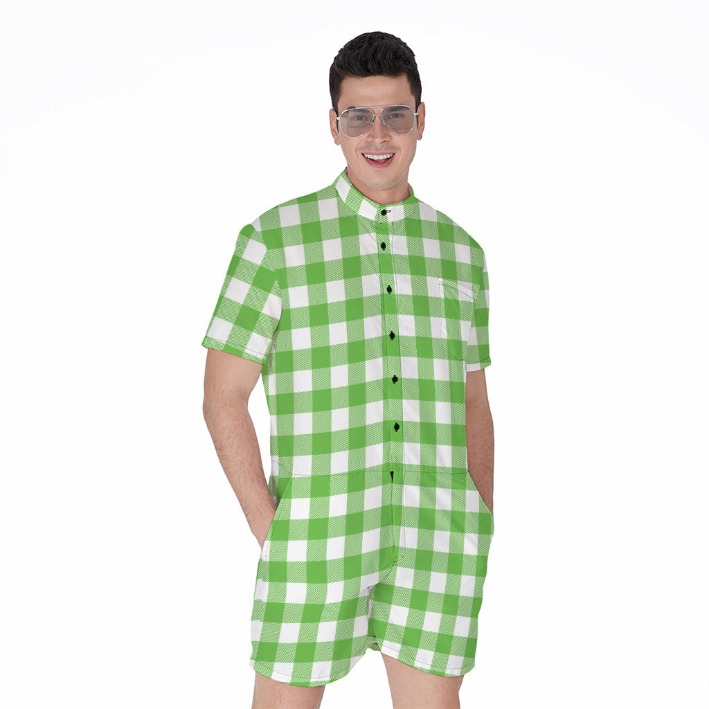 UFO Green And White Buffalo Check Print Men's Rompers