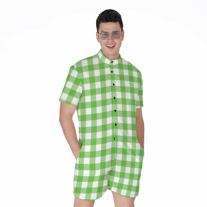 UFO Green And White Buffalo Check Print Men's Rompers
