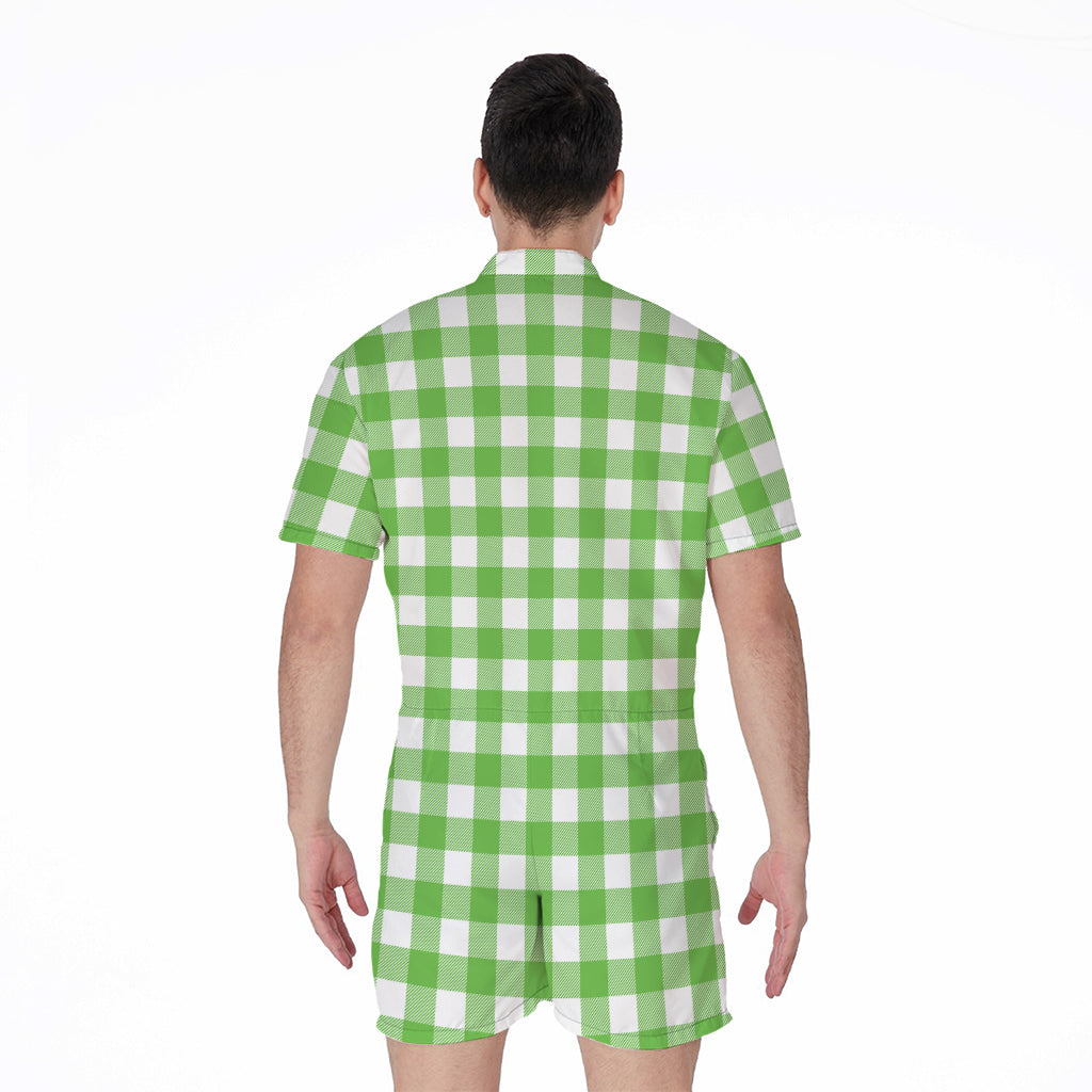 UFO Green And White Buffalo Check Print Men's Rompers