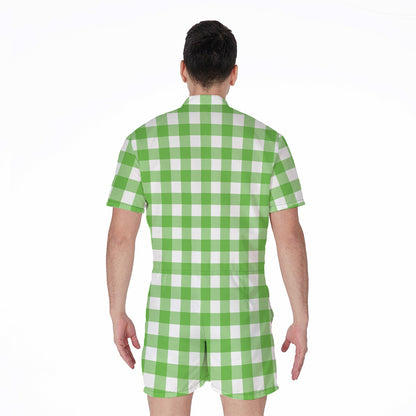 UFO Green And White Buffalo Check Print Men's Rompers