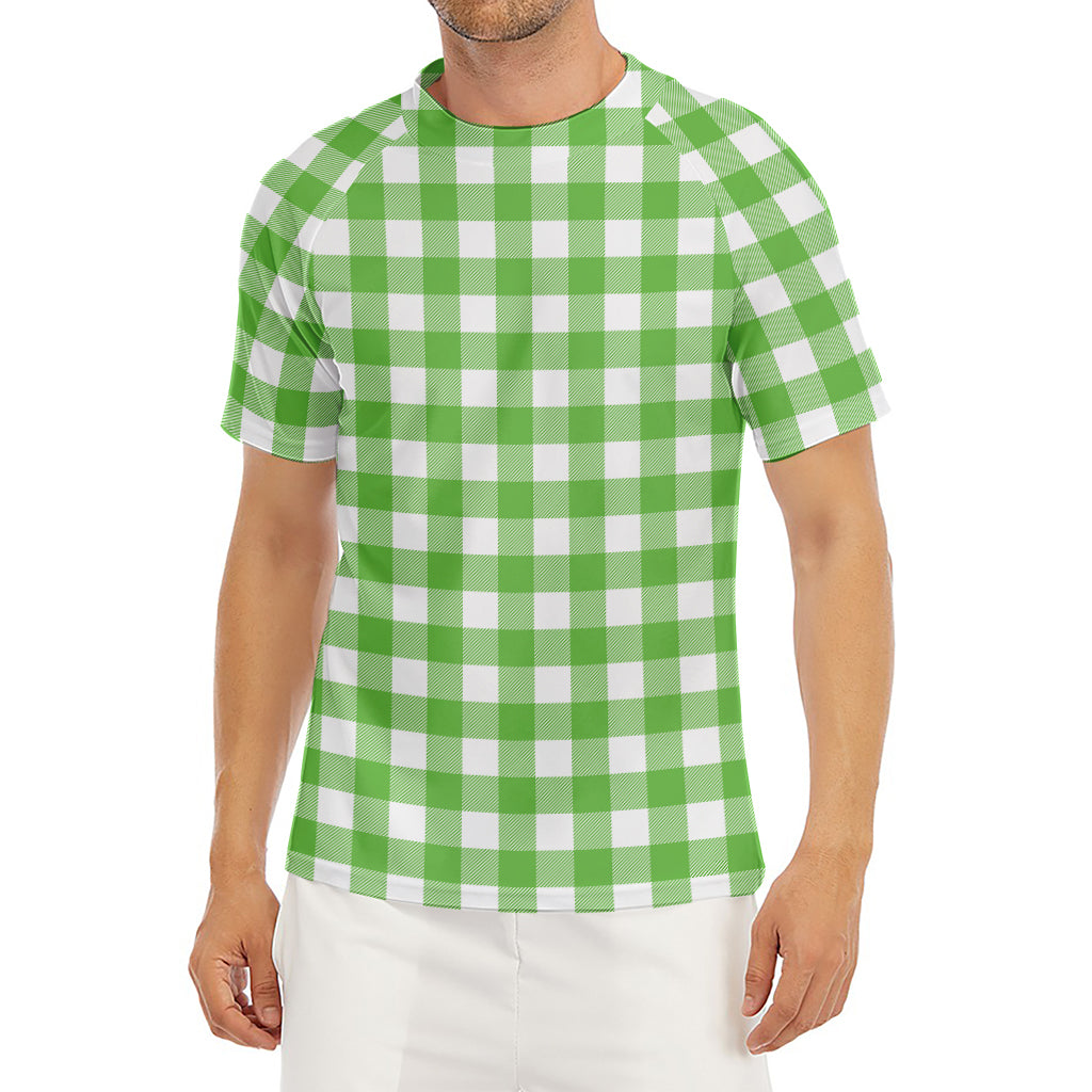 UFO Green And White Buffalo Check Print Men's Short Sleeve Rash Guard