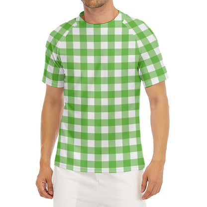 UFO Green And White Buffalo Check Print Men's Short Sleeve Rash Guard