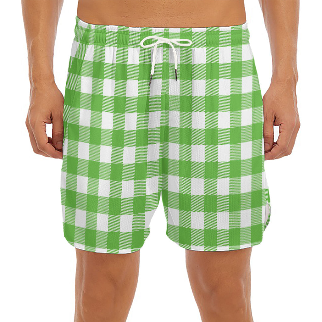 UFO Green And White Buffalo Check Print Men's Split Running Shorts