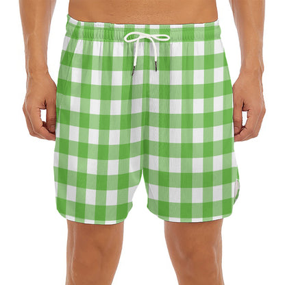 UFO Green And White Buffalo Check Print Men's Split Running Shorts