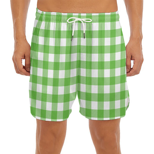 UFO Green And White Buffalo Check Print Men's Split Running Shorts