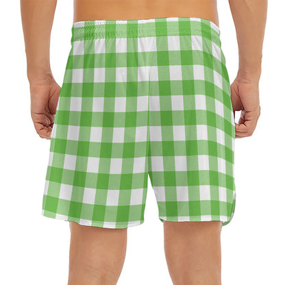 UFO Green And White Buffalo Check Print Men's Split Running Shorts