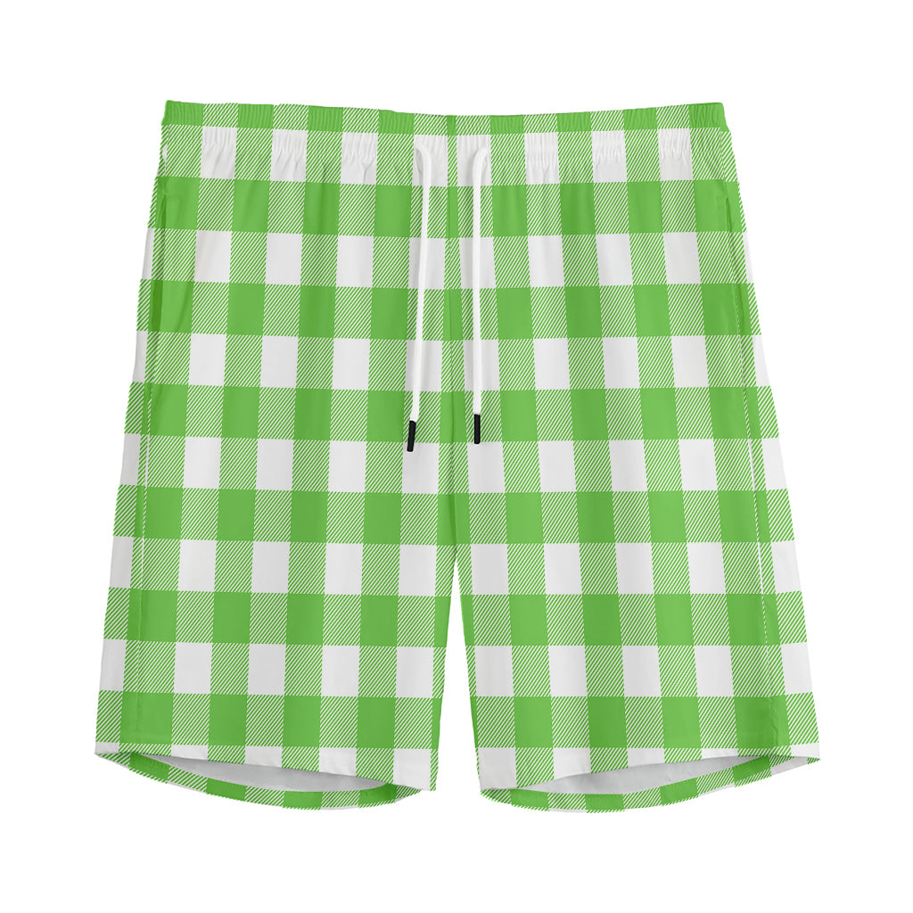 UFO Green And White Buffalo Check Print Men's Sports Shorts