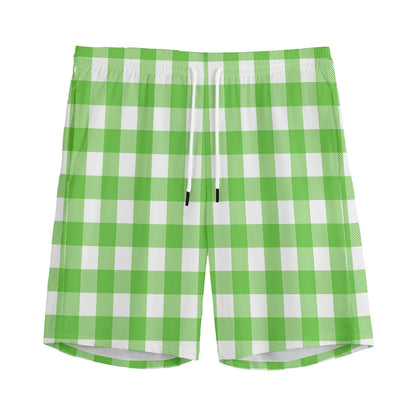 UFO Green And White Buffalo Check Print Men's Sports Shorts