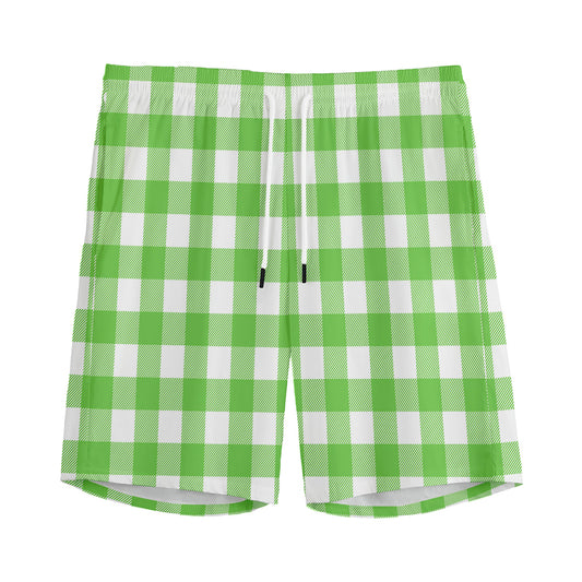 UFO Green And White Buffalo Check Print Men's Sports Shorts