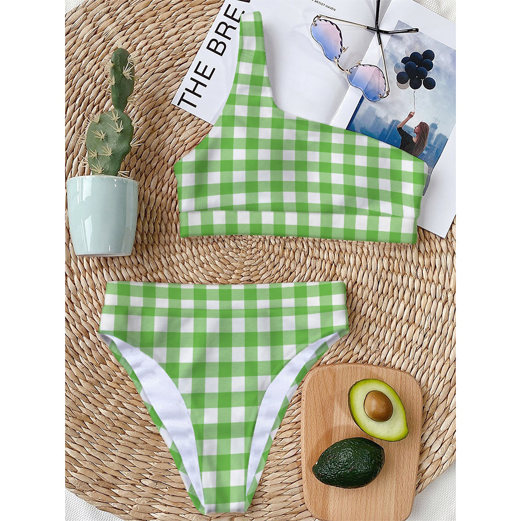 UFO Green And White Buffalo Check Print One Shoulder Bikini Top