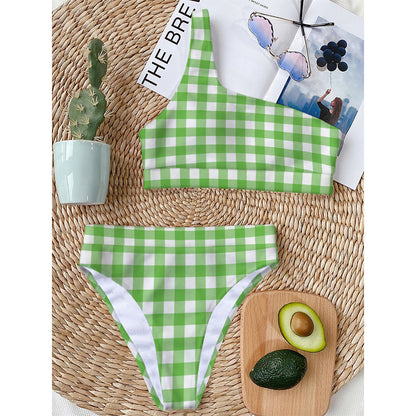 UFO Green And White Buffalo Check Print One Shoulder Bikini Top