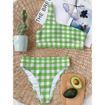 UFO Green And White Buffalo Check Print One Shoulder Bikini Top