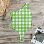 UFO Green And White Buffalo Check Print One Shoulder Bodysuit