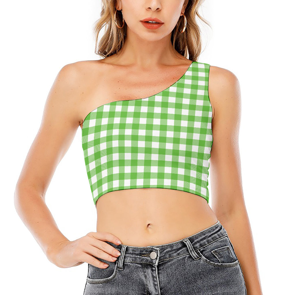 UFO Green And White Buffalo Check Print One Shoulder Crop Top