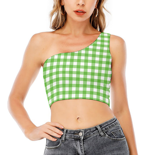 UFO Green And White Buffalo Check Print One Shoulder Crop Top