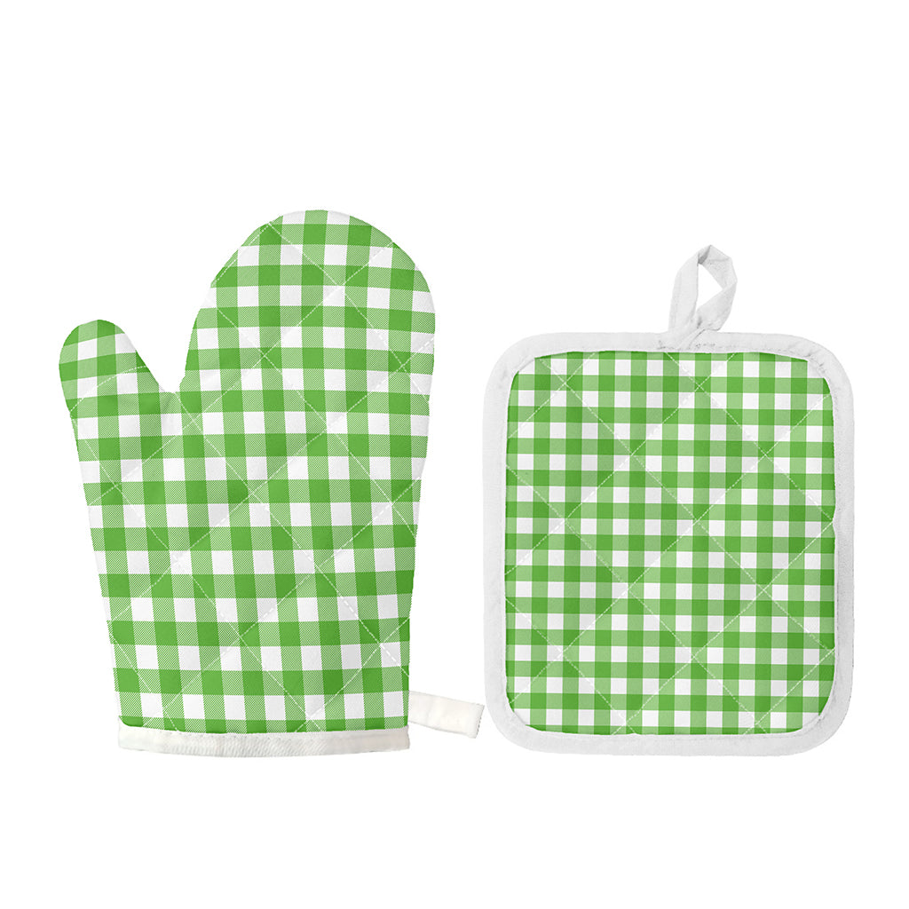 UFO Green And White Buffalo Check Print Oven Mitt And Pot Holder Set