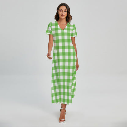 UFO Green And White Buffalo Check Print Short Sleeve Maxi Dress
