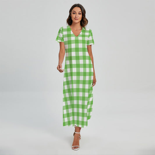 UFO Green And White Buffalo Check Print Short Sleeve Maxi Dress