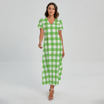 UFO Green And White Buffalo Check Print Short Sleeve Maxi Dress