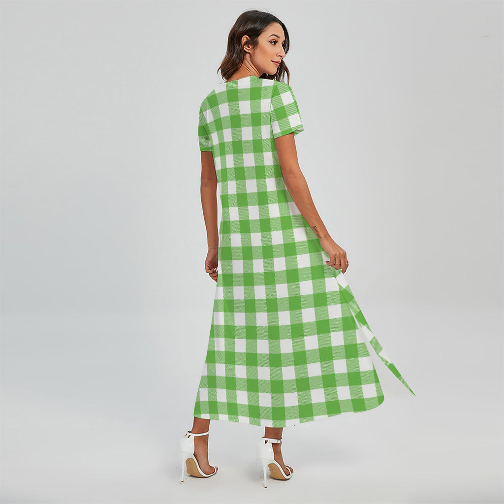 UFO Green And White Buffalo Check Print Short Sleeve Maxi Dress