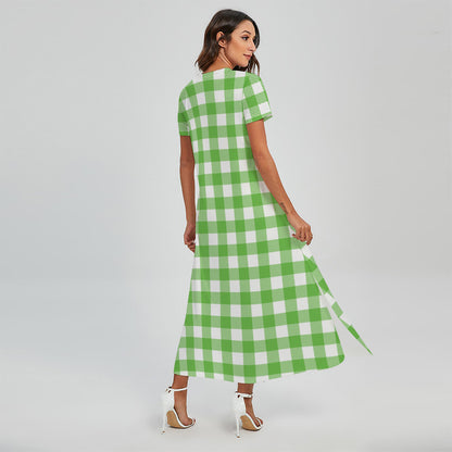 UFO Green And White Buffalo Check Print Short Sleeve Maxi Dress