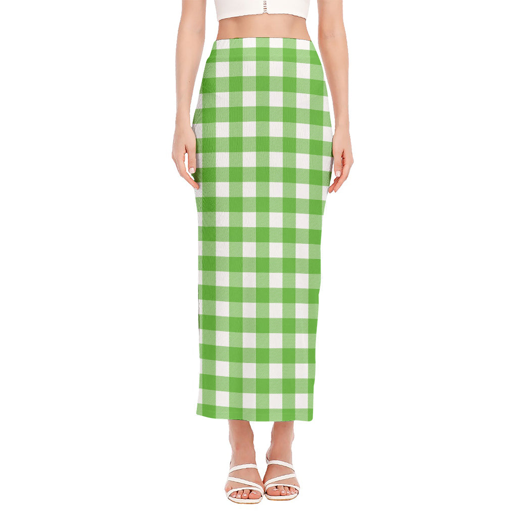 UFO Green And White Buffalo Check Print Side Slit Maxi Skirt