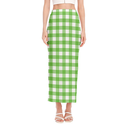 UFO Green And White Buffalo Check Print Side Slit Maxi Skirt