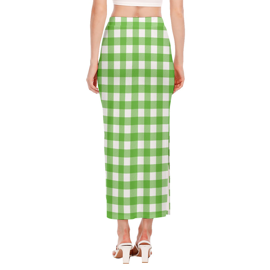 UFO Green And White Buffalo Check Print Side Slit Maxi Skirt