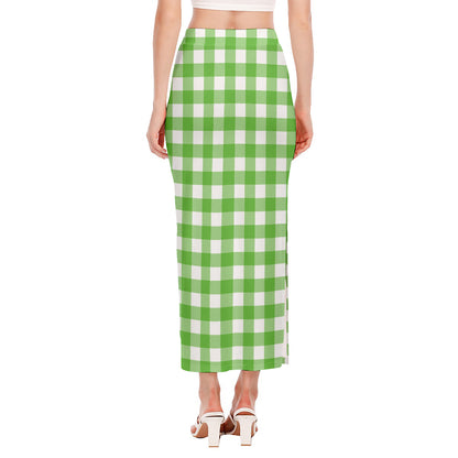 UFO Green And White Buffalo Check Print Side Slit Maxi Skirt