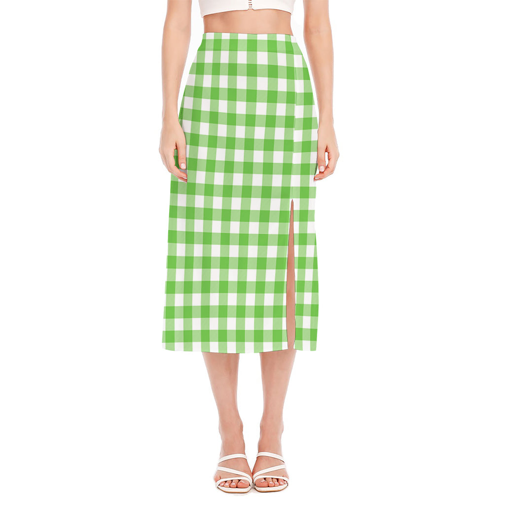 UFO Green And White Buffalo Check Print Side Slit Midi Skirt