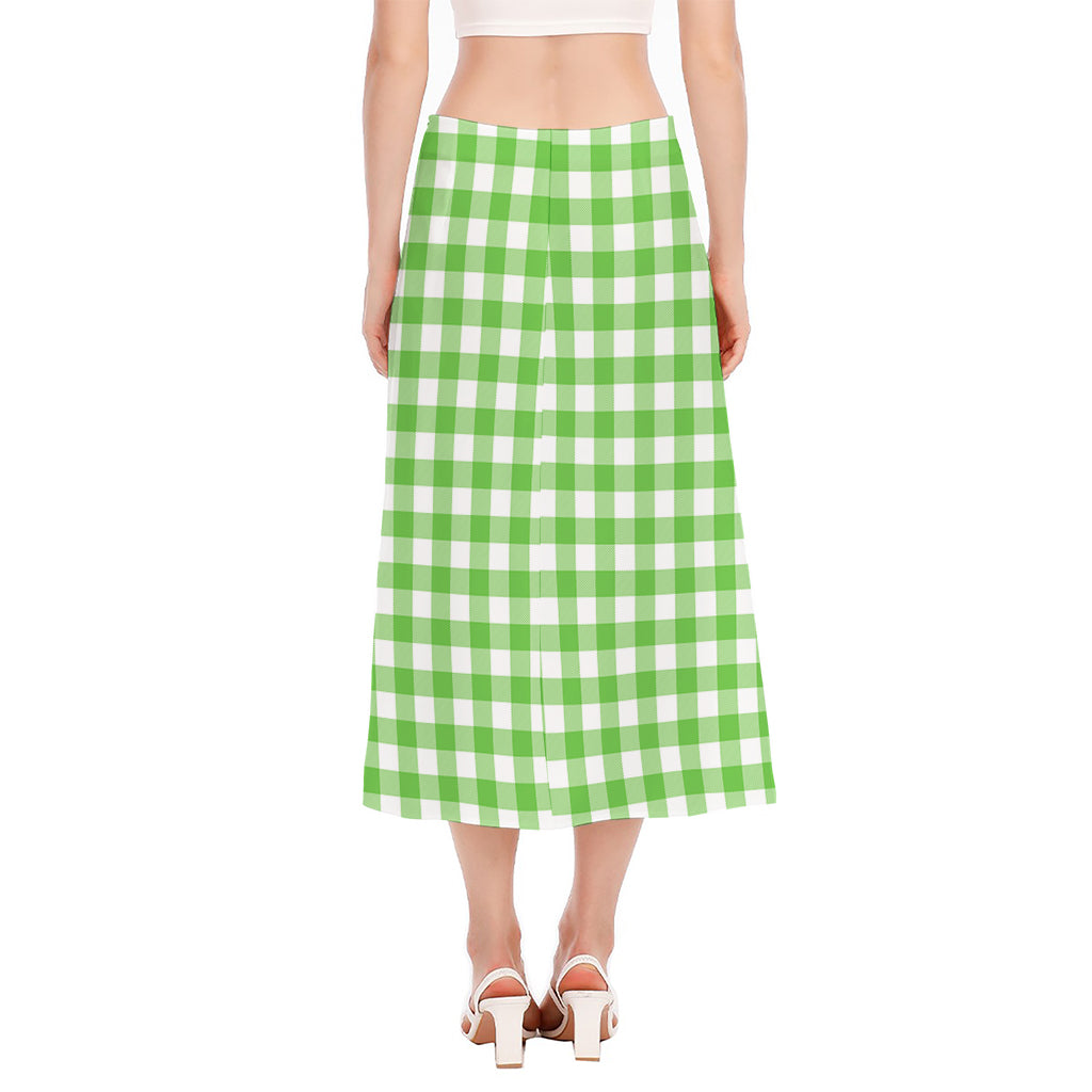 UFO Green And White Buffalo Check Print Side Slit Midi Skirt