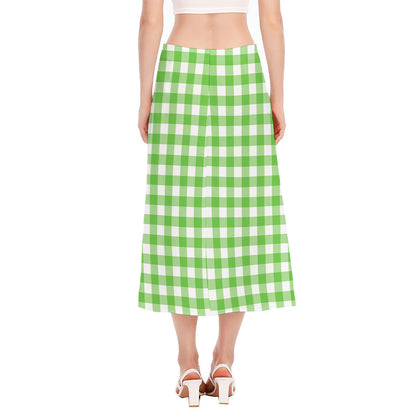 UFO Green And White Buffalo Check Print Side Slit Midi Skirt