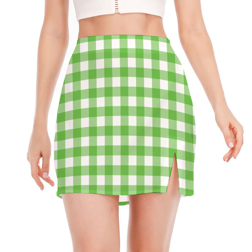 UFO Green And White Buffalo Check Print Side Slit Mini Skirt
