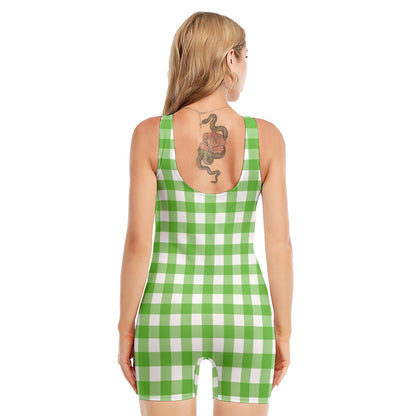 UFO Green And White Buffalo Check Print Sleeveless One Piece Swimsuit