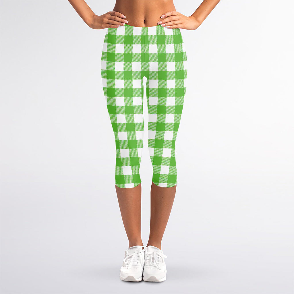 UFO Green And White Buffalo Check Print Women's Capri Leggings